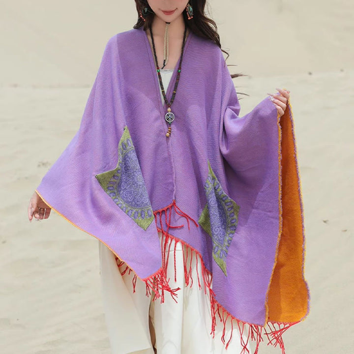 Buddha Stones con nappe, scialle avvolgente con tasche, motivo geometrico rotondo mandala tibetano, autunno inverno