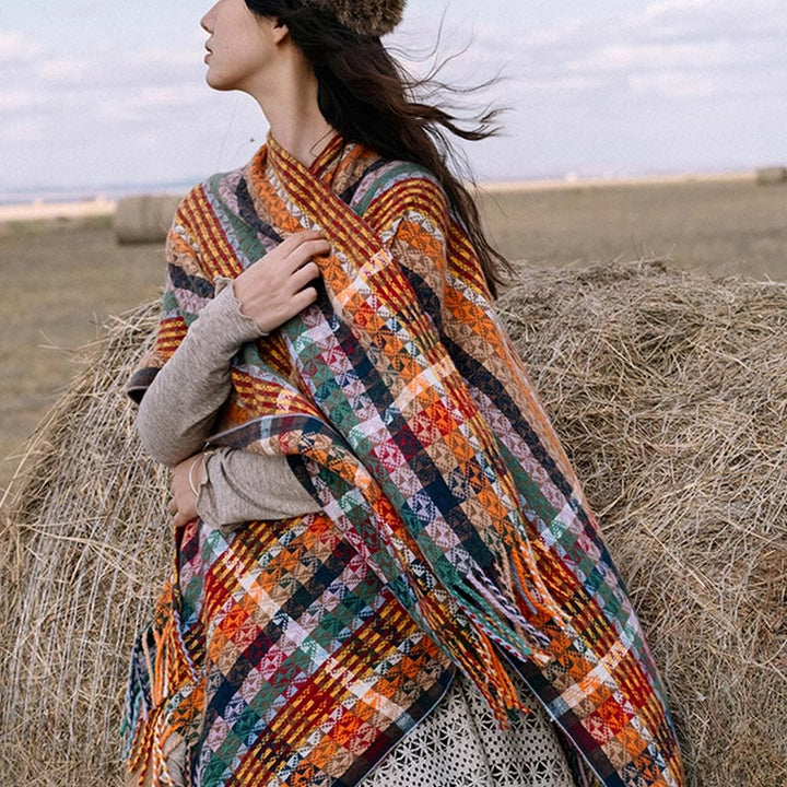 Scialle con nappe geometriche a strisce colorate tibetane , Buddha Stones , autunno inverno, sciarpa morbida avvolgente