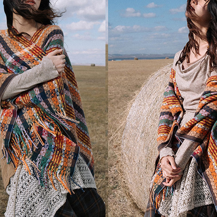 Scialle con nappe geometriche a strisce colorate tibetane , Buddha Stones , autunno inverno, sciarpa morbida avvolgente
