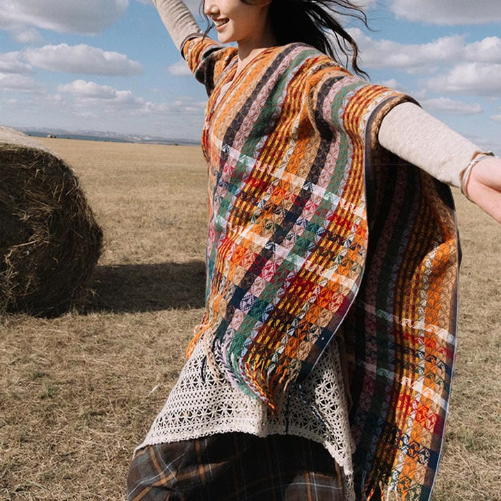 Scialle con nappe geometriche a strisce colorate tibetane , Buddha Stones , autunno inverno, sciarpa morbida avvolgente
