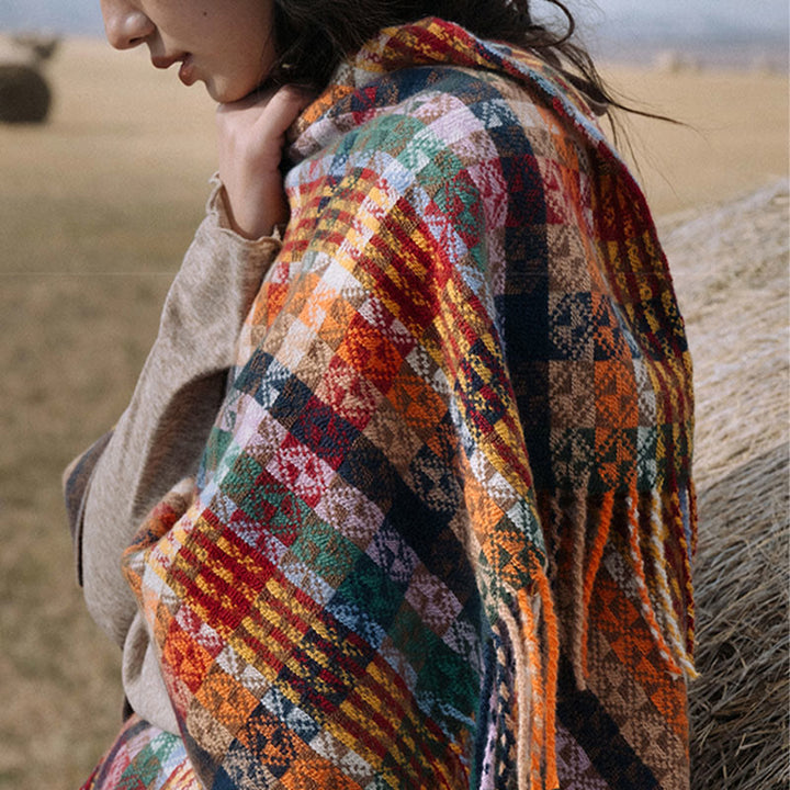 Scialle con nappe geometriche a strisce colorate tibetane , Buddha Stones , autunno inverno, sciarpa morbida avvolgente