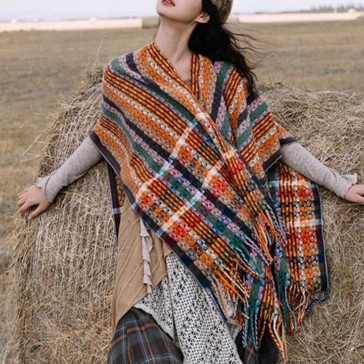 Scialle con nappe geometriche a strisce colorate tibetane , Buddha Stones , autunno inverno, sciarpa morbida avvolgente