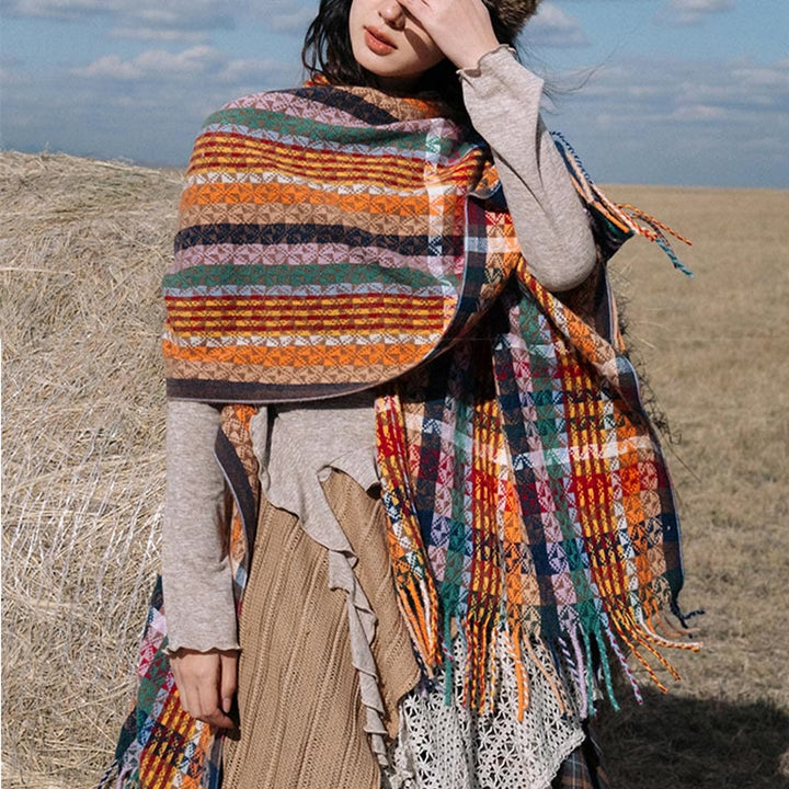 Scialle con nappe geometriche a strisce colorate tibetane , Buddha Stones , autunno inverno, sciarpa morbida avvolgente