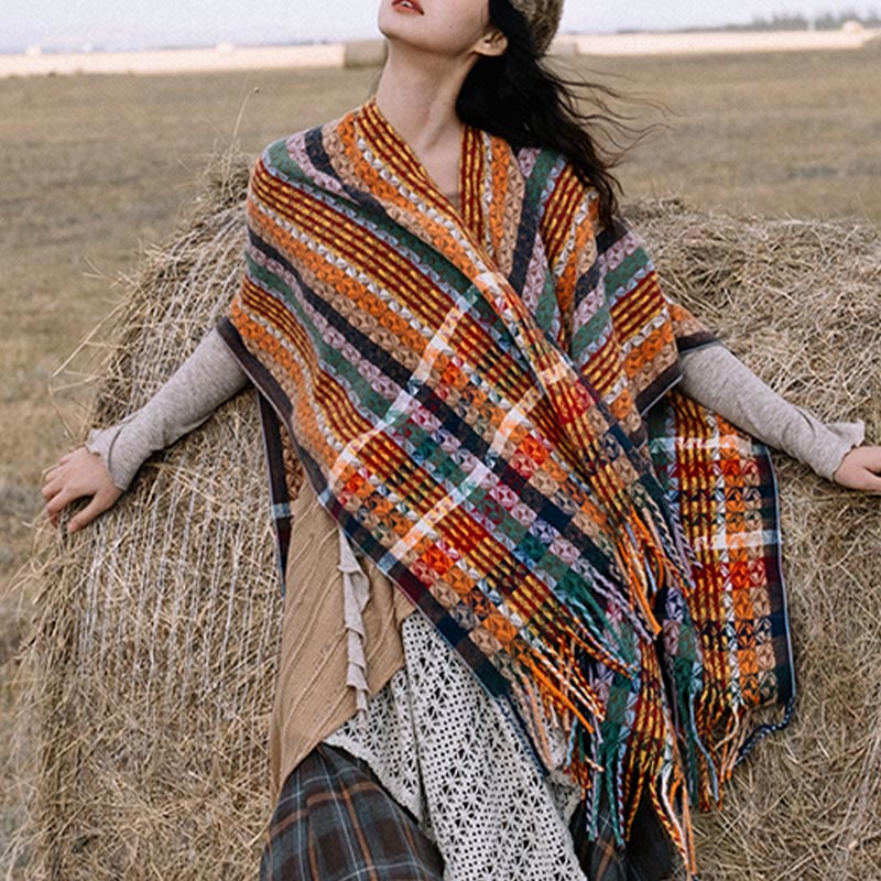 Scialle con nappe geometriche a strisce colorate tibetane , Buddha Stones , autunno inverno, sciarpa morbida avvolgente - Perù - 130*150 cm - image 0