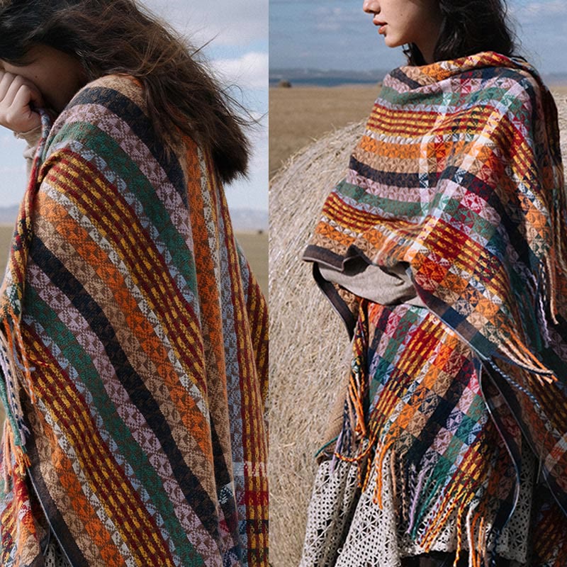 Scialle con nappe geometriche a strisce colorate tibetane , Buddha Stones , autunno inverno, sciarpa morbida avvolgente