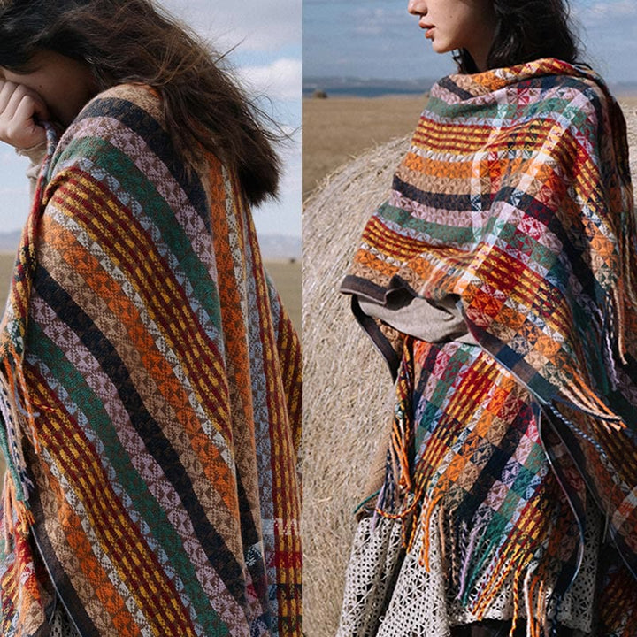 Scialle con nappe geometriche a strisce colorate tibetane , Buddha Stones , autunno inverno, sciarpa morbida avvolgente