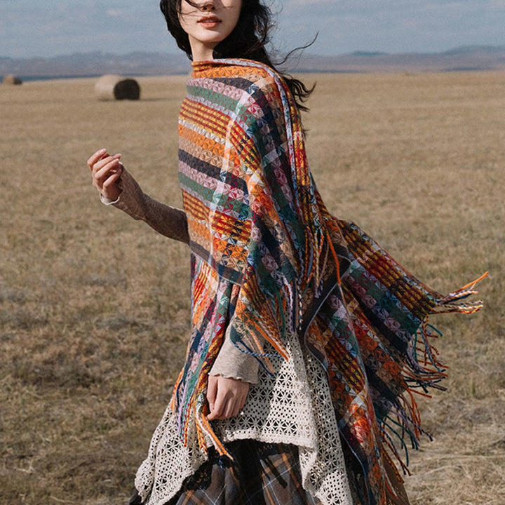Scialle con nappe geometriche a strisce colorate tibetane , Buddha Stones , autunno inverno, sciarpa morbida avvolgente