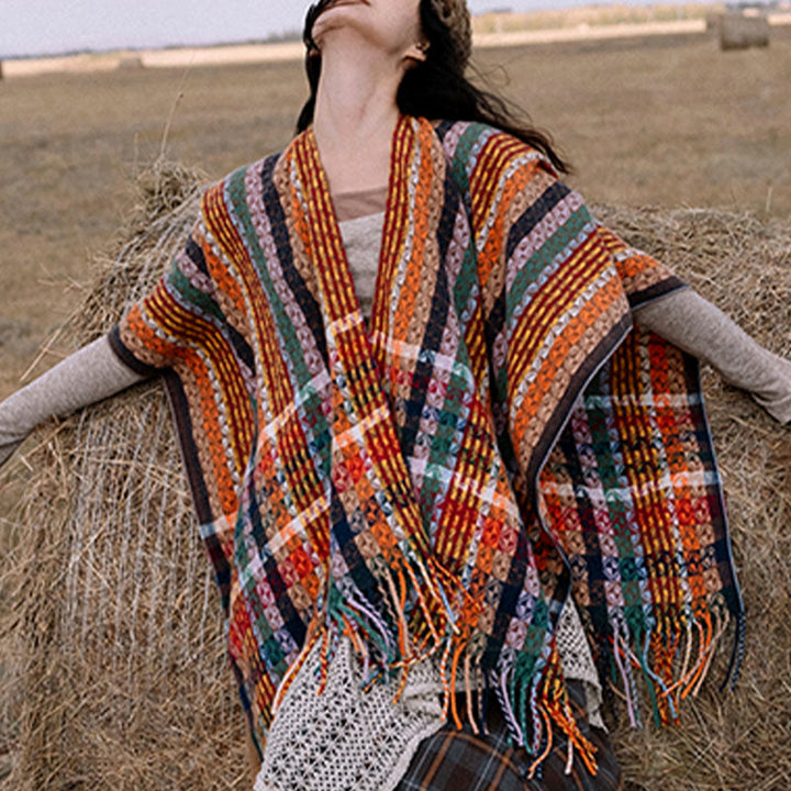Scialle con nappe geometriche a strisce colorate tibetane , Buddha Stones , autunno inverno, sciarpa morbida avvolgente