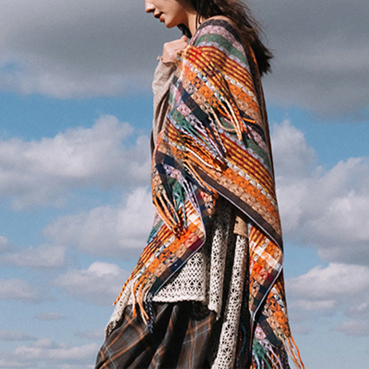 Scialle con nappe geometriche a strisce colorate tibetane , Buddha Stones , autunno inverno, sciarpa morbida avvolgente