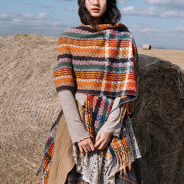 Scialle con nappe geometriche a strisce colorate tibetane , Buddha Stones , autunno inverno, sciarpa morbida avvolgente