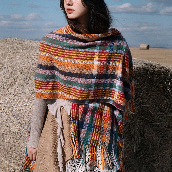 Scialle con nappe geometriche a strisce colorate tibetane , Buddha Stones , autunno inverno, sciarpa morbida avvolgente