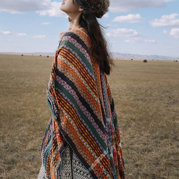 Scialle con nappe geometriche a strisce colorate tibetane , Buddha Stones , autunno inverno, sciarpa morbida avvolgente