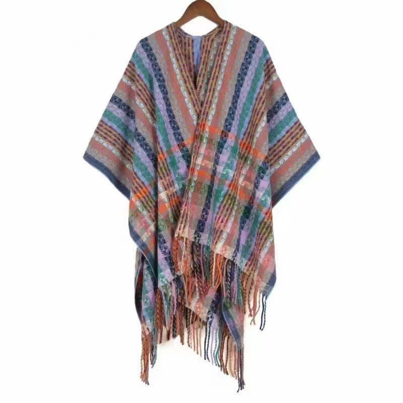 Scialle con nappe geometriche a strisce colorate tibetane , Buddha Stones , autunno inverno, sciarpa morbida avvolgente