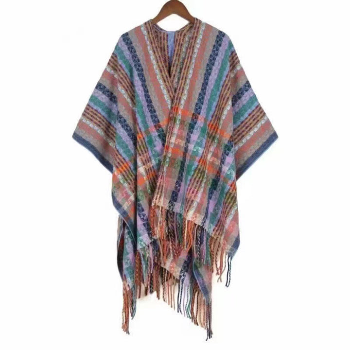 Scialle con nappe geometriche a strisce colorate tibetane , Buddha Stones , autunno inverno, sciarpa morbida avvolgente
