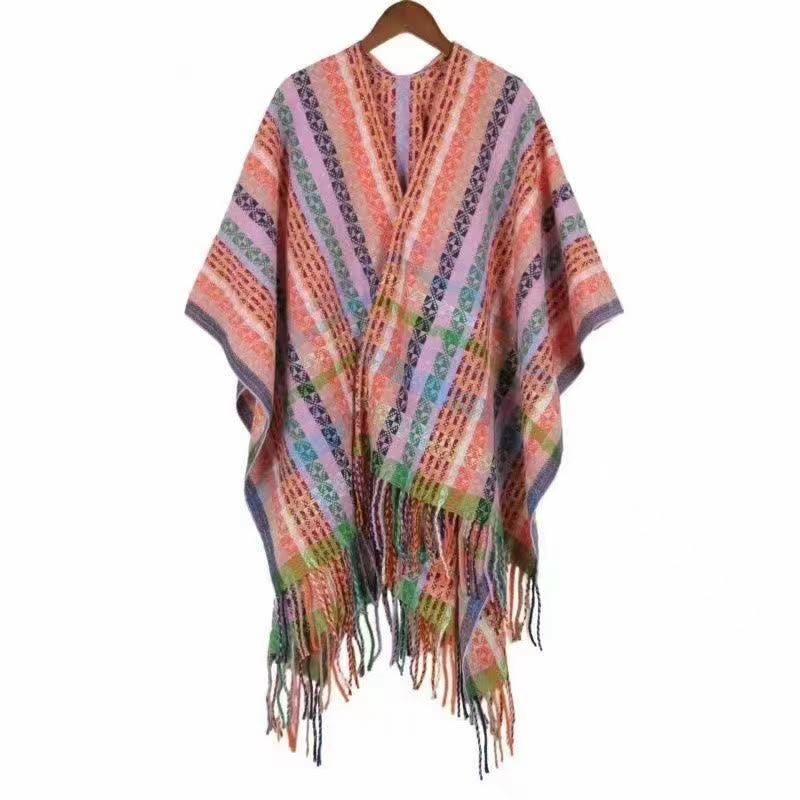 Scialle con nappe geometriche a strisce colorate tibetane , Buddha Stones , autunno inverno, sciarpa morbida avvolgente
