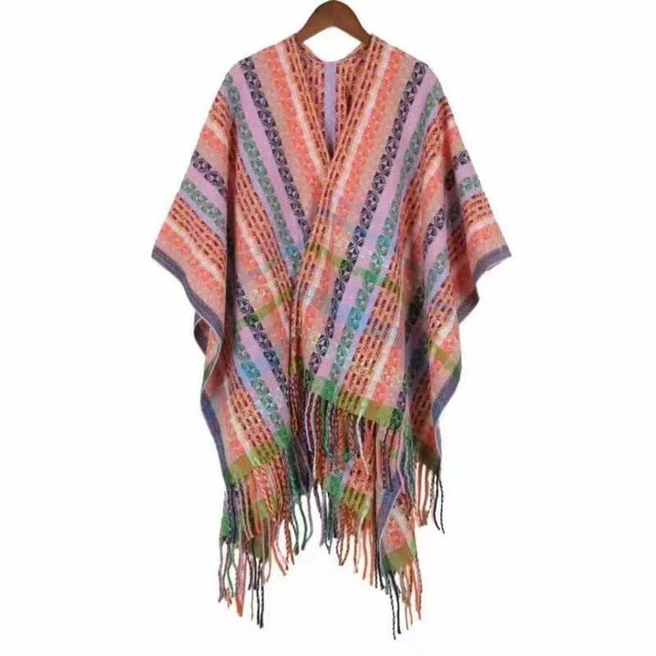 Scialle con nappe geometriche a strisce colorate tibetane , Buddha Stones , autunno inverno, sciarpa morbida avvolgente
