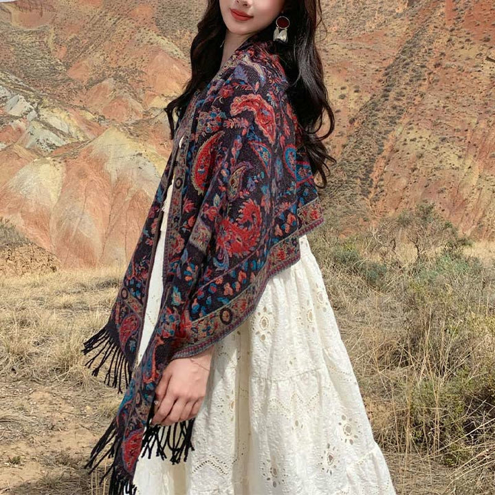 Buddha Stones, fiori di anacardio tibetani, foglie, nappe di vite, scialle, autunno inverno, morbido e accogliente, sciarpa avvolgente - image 29