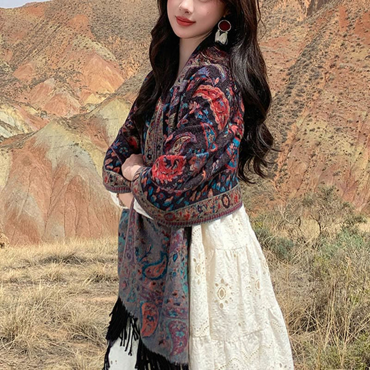 Buddha Stones, fiori di anacardio tibetani, foglie, nappe di vite, scialle, autunno inverno, morbido e accogliente, sciarpa avvolgente - image 32