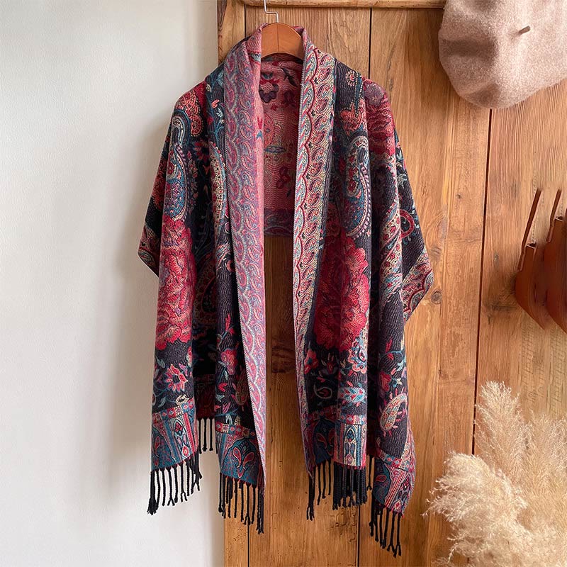Buddha Stones, anacardi tibetani, fiori di peonia, nappe di vite, scialle, sciarpa avvolgente, calda, invernale