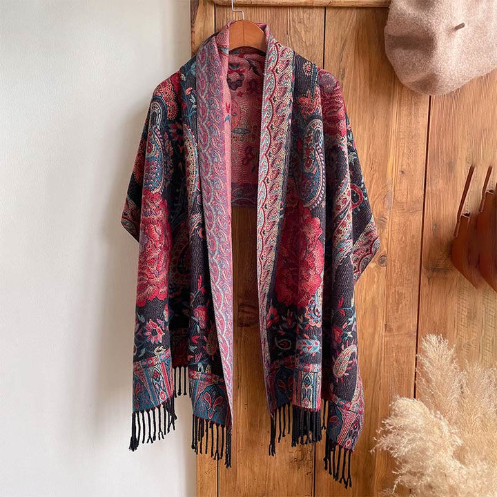 Buddha Stones, anacardi tibetani, fiori di peonia, nappe di vite, scialle, sciarpa avvolgente, calda, invernale