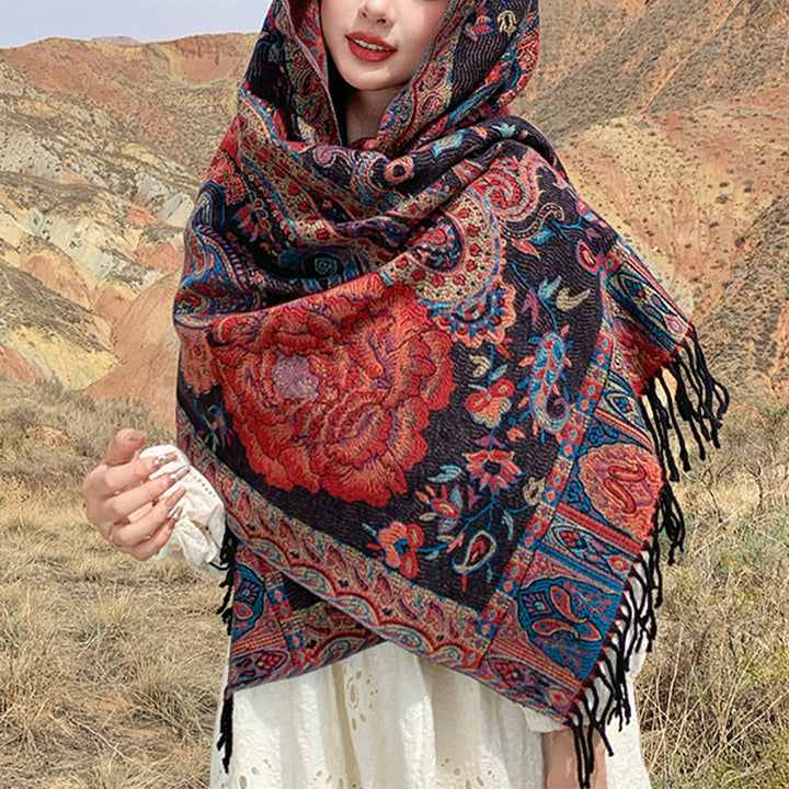 Buddha Stones, anacardi tibetani, fiori di peonia, nappe di vite, scialle, sciarpa avvolgente, calda, invernale