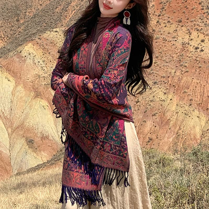 Buddha Stones, fiori di anacardio tibetani, motivo a vite, nappe, scialle, autunno inverno, sciarpa morbida avvolgente - image 2