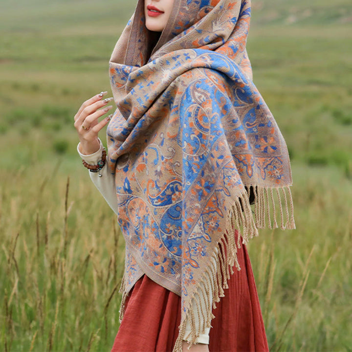 Buddha Stones, fiori di anacardio tibetani, motivo a vite, nappe, scialle, autunno inverno, sciarpa morbida avvolgente - image 20