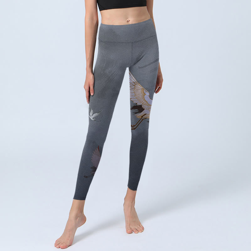 Leggings da palestra con stampa di albero di pino e gru bianca Buddha Stones, pantaloni da yoga da donna - image 6