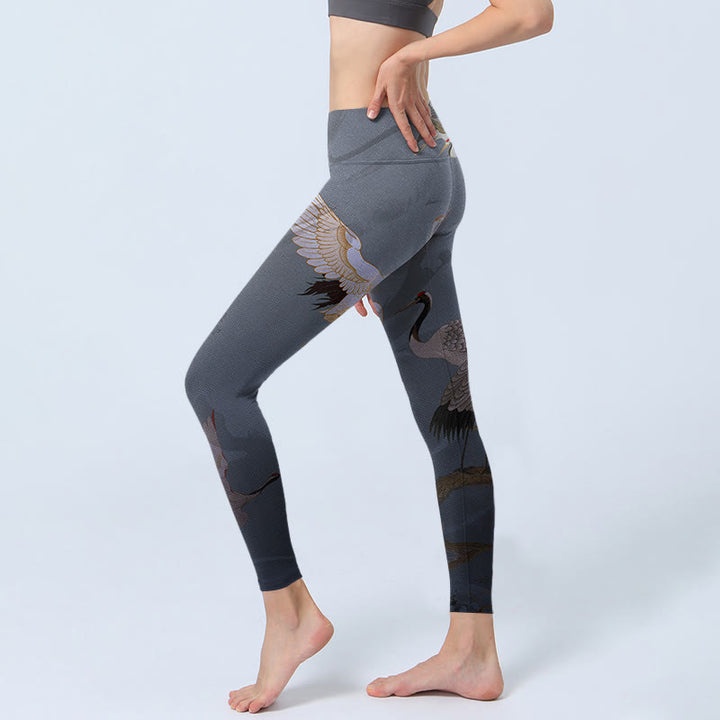 Leggings da palestra con stampa di albero di pino e gru bianca Buddha Stones, pantaloni da yoga da donna - image 2