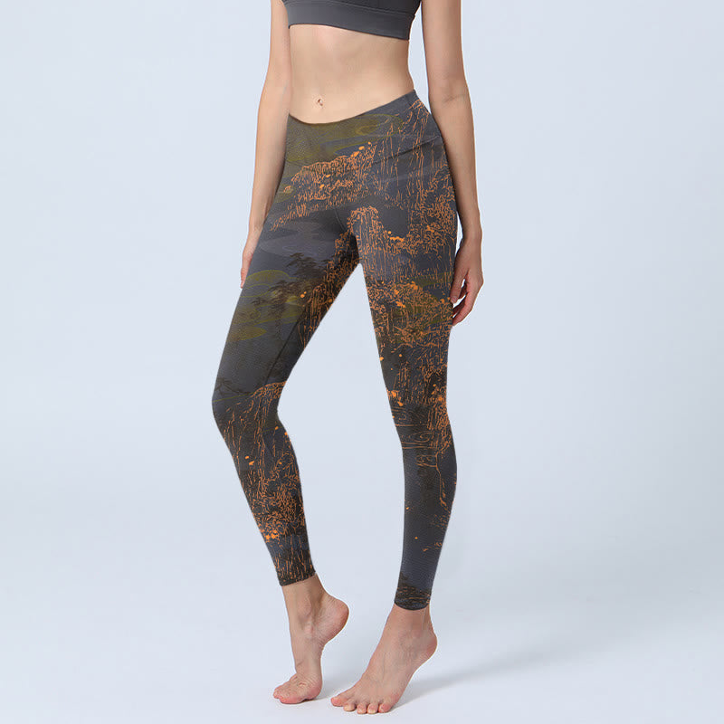 Leggings da palestra con stampa Buddha Stones Golden Mountains Clouds, pantaloni da yoga da donna - Marrone sella - US18, UK/AU22, EU50 (4XL) - image 1