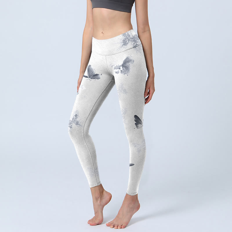 Leggings sportivi con stampa a farfalla grigia e bianca Buddha Stones, pantaloni da yoga da donna - Nevicare - US18, UK/AU22, EU50 (4XL) - image 1