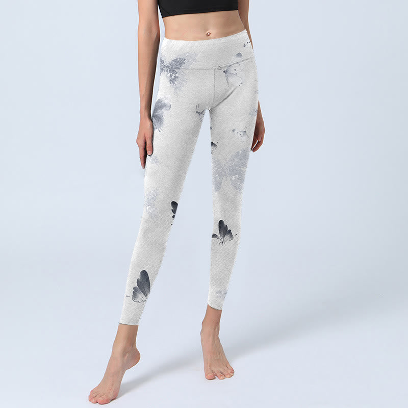 Leggings sportivi con stampa a farfalla grigia e bianca Buddha Stones, pantaloni da yoga da donna - image 5