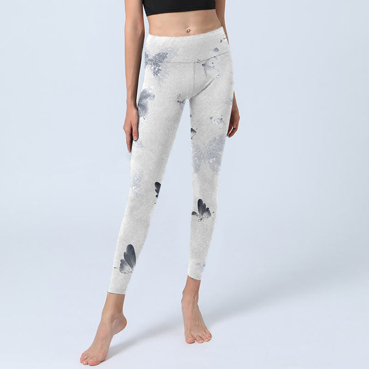 Leggings sportivi con stampa a farfalla grigia e bianca Buddha Stones, pantaloni da yoga da donna - image 5