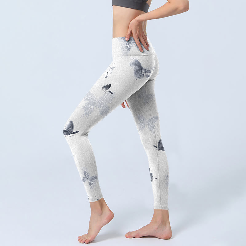 Leggings sportivi con stampa a farfalla grigia e bianca Buddha Stones, pantaloni da yoga da donna - image 2