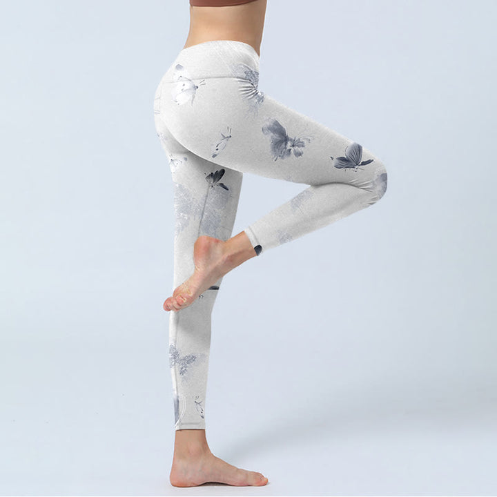 Leggings sportivi con stampa a farfalla grigia e bianca Buddha Stones, pantaloni da yoga da donna - image 3