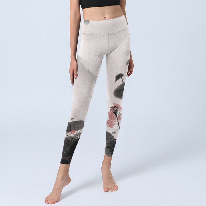 Buddha Stones Inchiostro Dipinto Fiore di Loto Foglia Stampa Palestra Fitness Leggings Pantaloni Yoga Donna - image 5