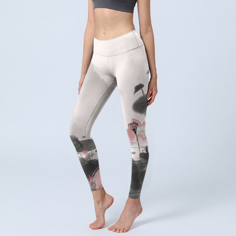 Buddha Stones Inchiostro Dipinto Fiore di Loto Foglia Stampa Palestra Fitness Leggings Pantaloni Yoga Donna - Fumo bianco - US18, UK/AU22, EU50 (4XL) - image 1