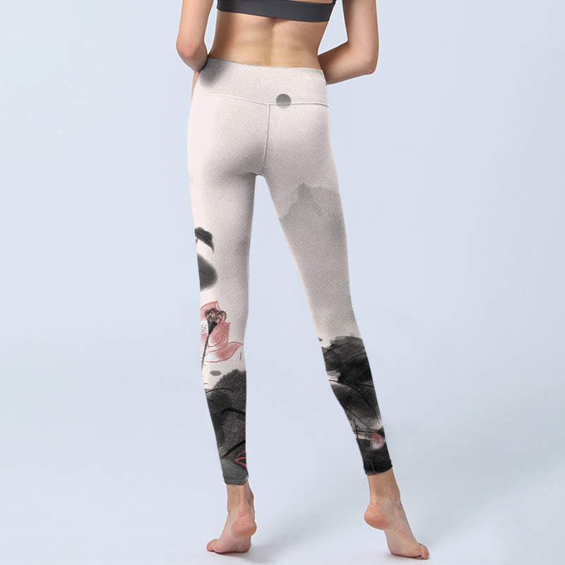 Buddha Stones Inchiostro Dipinto Fiore di Loto Foglia Stampa Palestra Fitness Leggings Pantaloni Yoga Donna - image 7