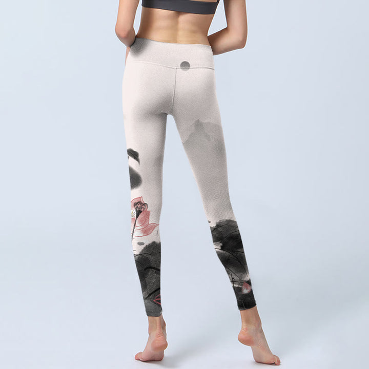Buddha Stones Inchiostro Dipinto Fiore di Loto Foglia Stampa Palestra Fitness Leggings Pantaloni Yoga Donna - image 7