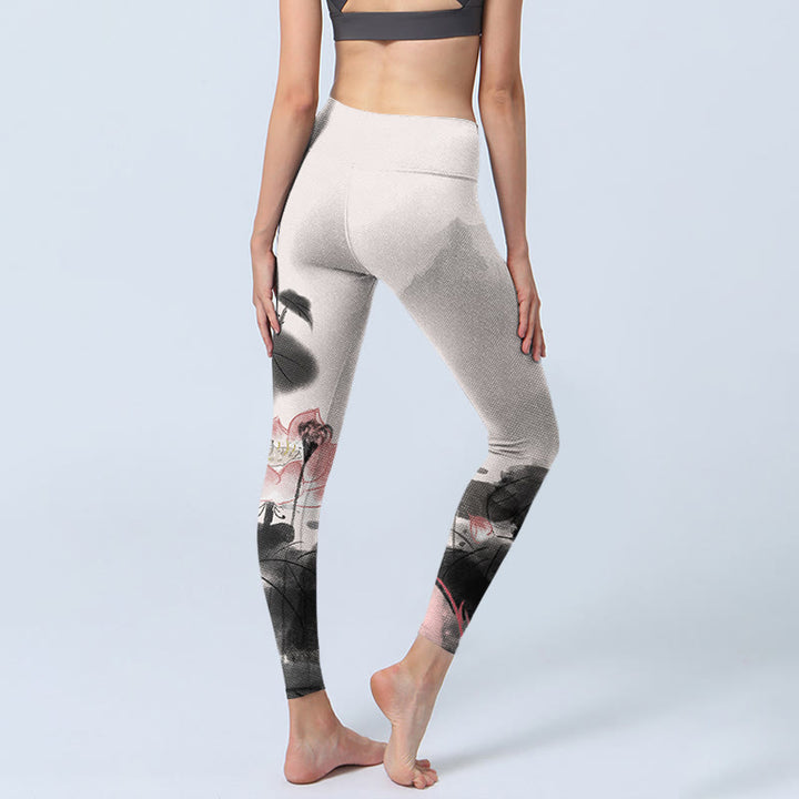 Buddha Stones Inchiostro Dipinto Fiore di Loto Foglia Stampa Palestra Fitness Leggings Pantaloni Yoga Donna - image 4