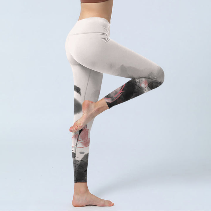 Buddha Stones Inchiostro Dipinto Fiore di Loto Foglia Stampa Palestra Fitness Leggings Pantaloni Yoga Donna - image 4