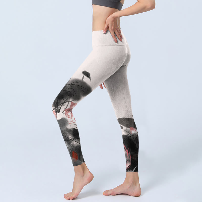 Buddha Stones Inchiostro Dipinto Fiore di Loto Foglia Stampa Palestra Fitness Leggings Pantaloni Yoga Donna - image 3