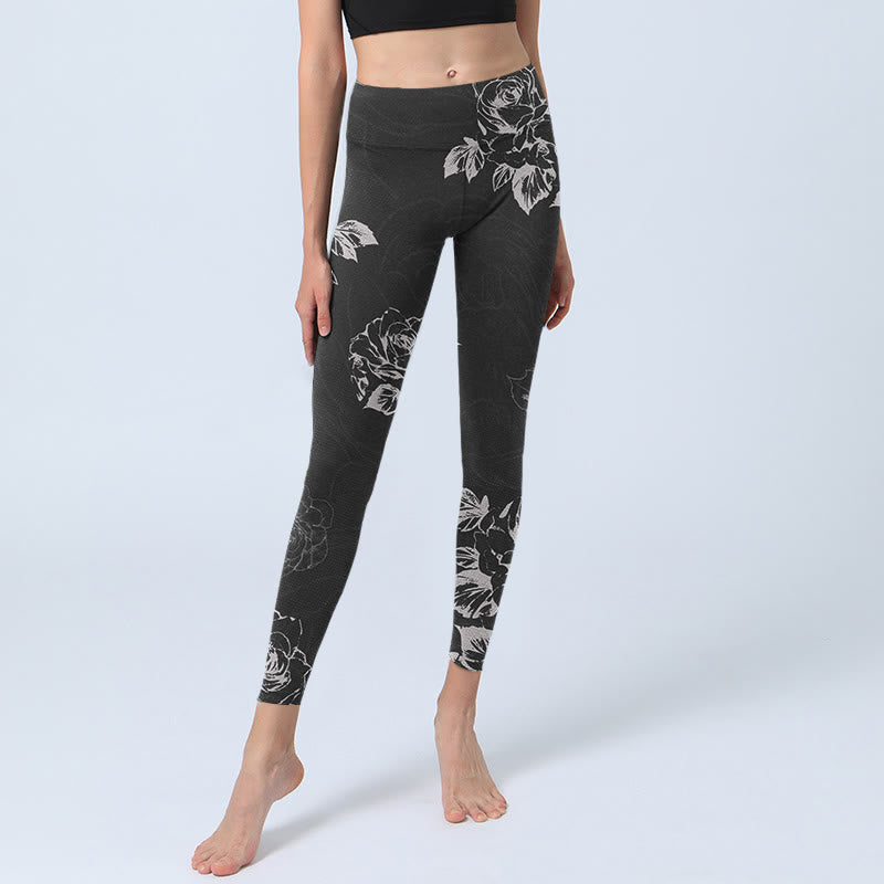 Buddha Stones da palestra con stampa di schizzi di fiori di rosa e peonia grigia, pantaloni da yoga da donna - image 6