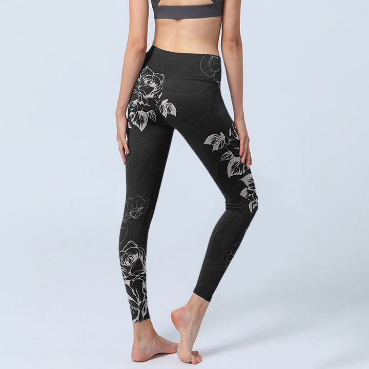 Buddha Stones da palestra con stampa di schizzi di fiori di rosa e peonia grigia, pantaloni da yoga da donna - image 5