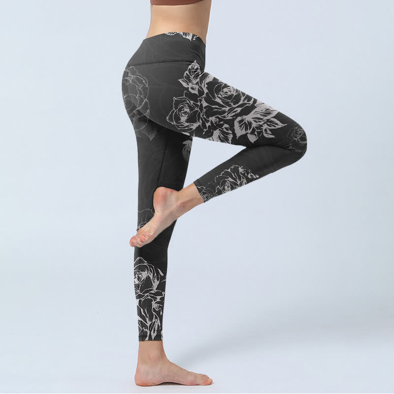 Buddha Stones da palestra con stampa di schizzi di fiori di rosa e peonia grigia, pantaloni da yoga da donna - image 4