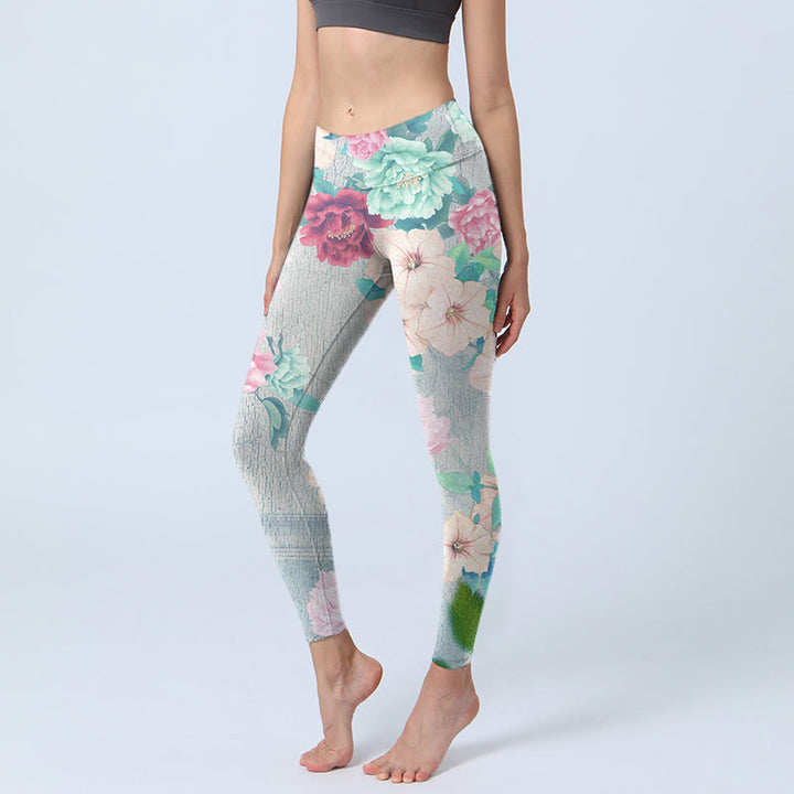 Leggings da palestra con stampa di fiori di peonia colorati Buddha Stones, pantaloni da yoga da donna - Fumo bianco - US18, UK/AU22, EU50 (4XL) - image 0