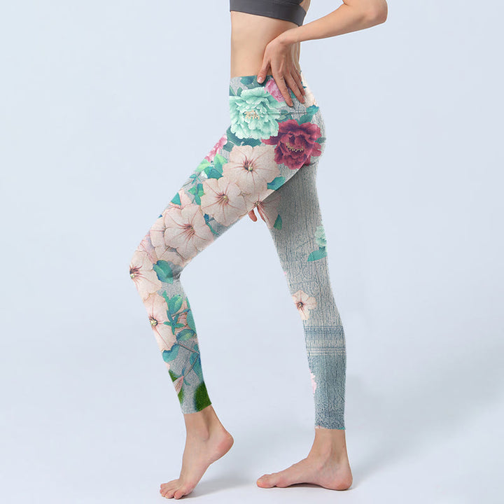Leggings da palestra con stampa di fiori di peonia colorati Buddha Stones, pantaloni da yoga da donna - image 3