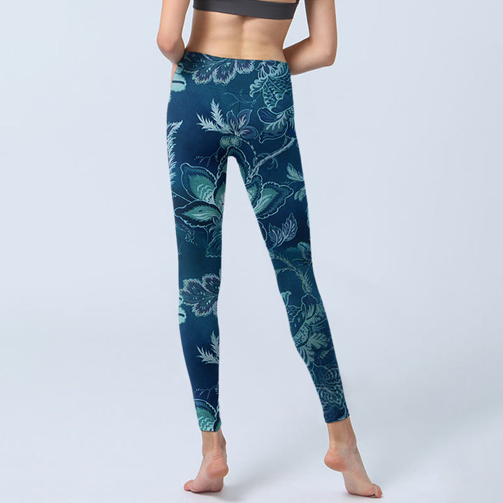 Leggings sportivi da fitness con stampa di fiori blu e Buddha Stones, pantaloni da yoga da donna - image 6