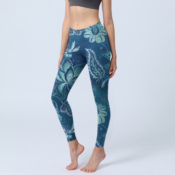 Leggings sportivi da fitness con stampa di fiori blu e Buddha Stones, pantaloni da yoga da donna - SteelBlue - US18, UK/AU22, EU50 (4XL) - image 0