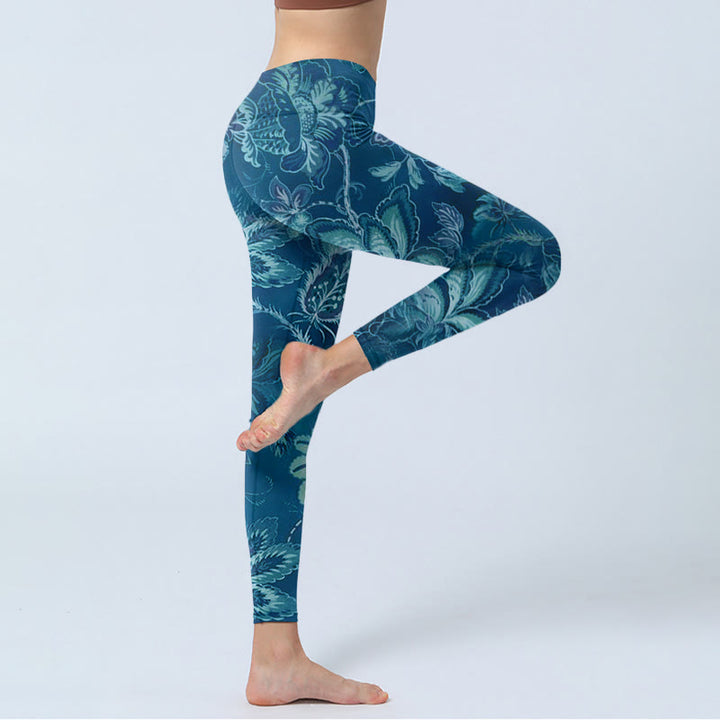 Leggings sportivi da fitness con stampa di fiori blu e Buddha Stones, pantaloni da yoga da donna - image 3